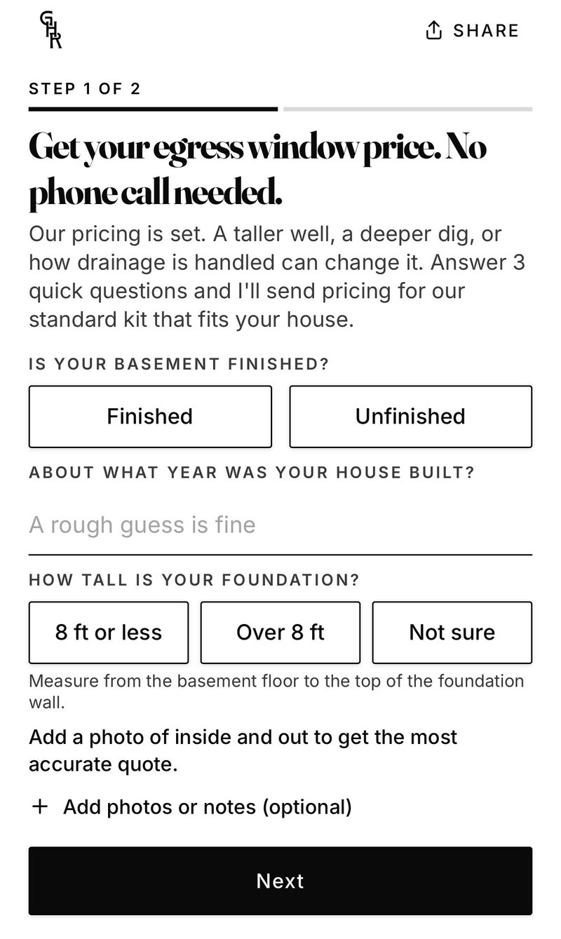 GHR Egress Windows quote form asking if the basement is finished, the year the house was built, and foundation height