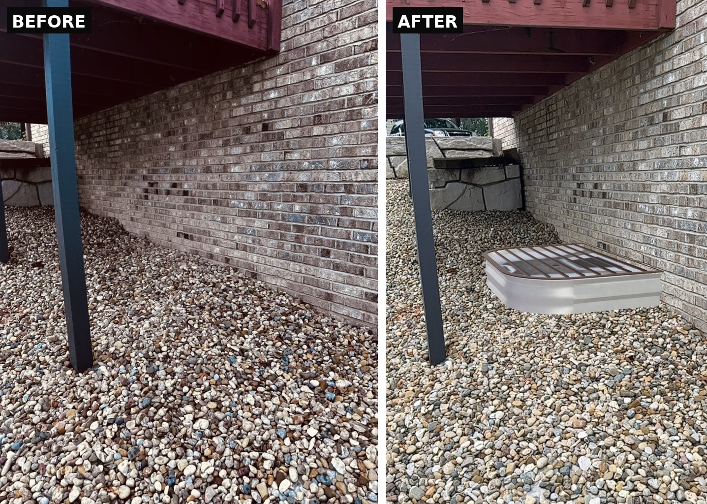 Angled before and after view of a 3D egress window well model placed in a gravel bed next to a brick foundation, GHR Egress Windows.