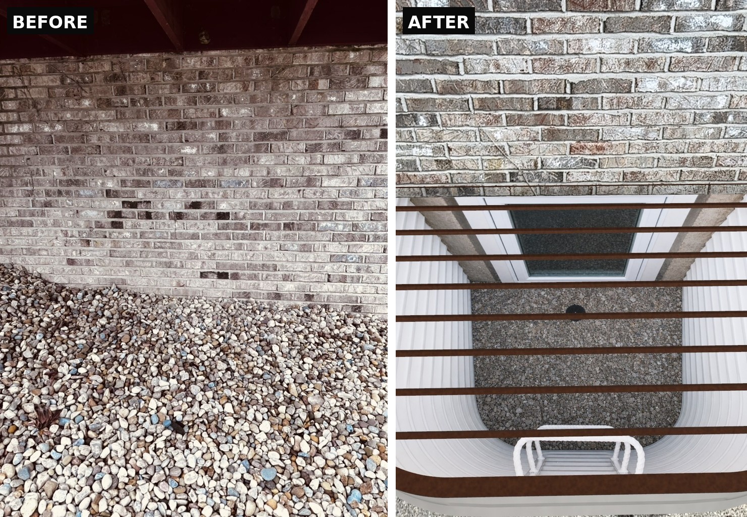Before and after view of a brick foundation with a true-to-scale 3D egress window well model set in place, GHR Egress Windows.